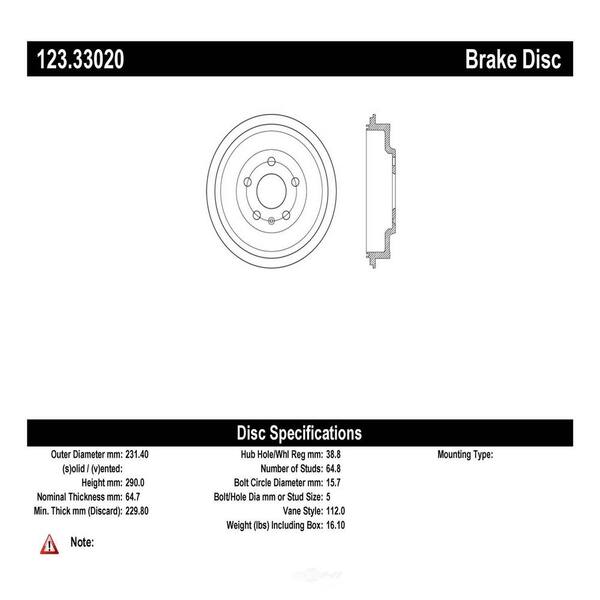 Centric Parts Brake Drum 2011-2012 Volkswagen Jetta 2.0L 2.5L