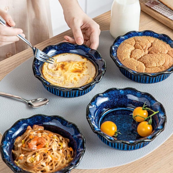 6-Pack 5.2 in. Mini Pie Pans, Ceramic Deep Dish with Ruffled Edge, Oven and Microwave Safe, Blue 29ESA05347