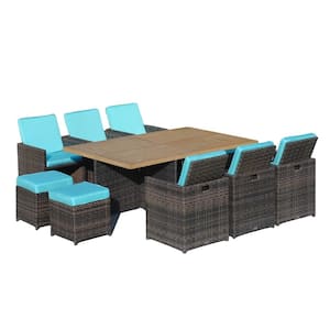 Arrow Brown 11-Piece Wicker Rectangular Outdoor Dining Set with Light Blue Cushion, Aluminum Table Top