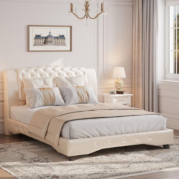 Arvenor French Gold Wood Frame Queen Platform Bed with Button Tufted PU Faux Leather Upholstered Tall Headboard
