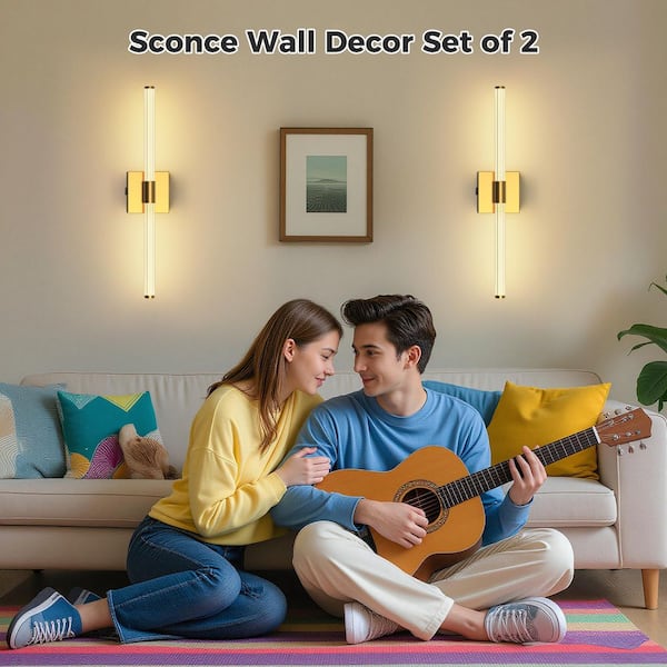24 in. Gold LED Wall Sconce Set of 2, Modern Rechargeable Vanity Light for Bathroom and Bedroom