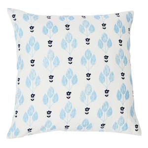 White and Light Blue Zipper 20 in. x 20 in. Floral Print Throw Pillow Cover