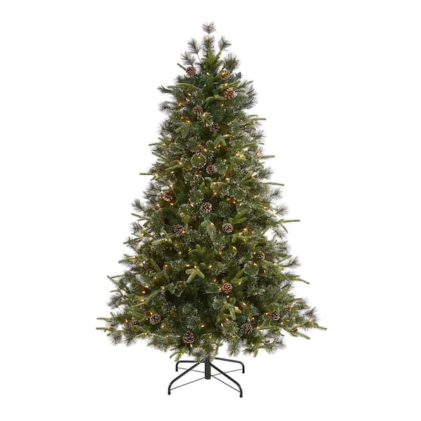 Nearly Natural 6 ft. Pre-Lit Snowed Tipped Clermont Mixed Pine Artificial Christmas Tree with 250 Clear LED Lights, Pine Cones