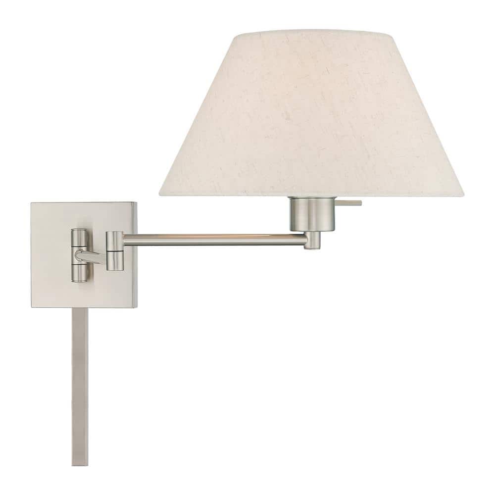 Brushed Nickel Swing Arm Wall Light with Oatmeal Fabric Shade