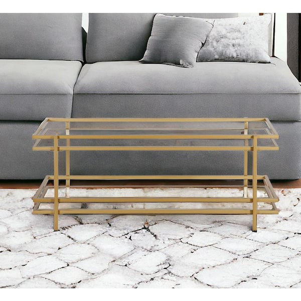 HomeRoots 45 in. Gold Rectangle Glass Coffee Table with Shelves;Storage