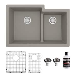 QU-811 Quartz/Granite 32 in. Double Bowl 60/40 Undermount Kitchen Sink in Concrete with Bottom Grid and Strainer