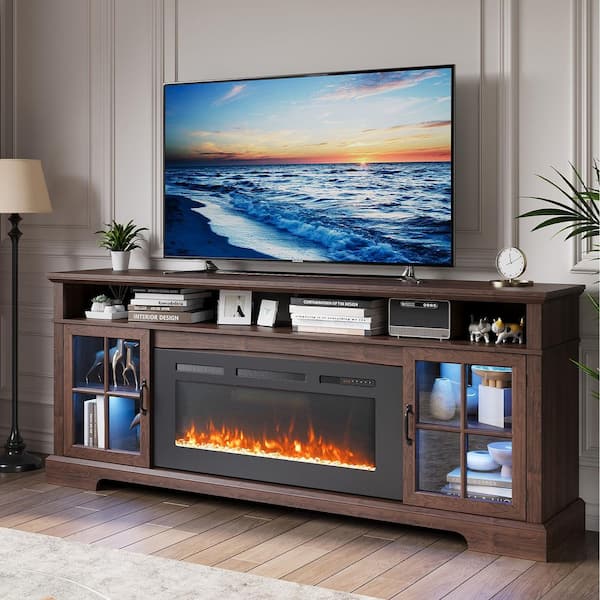 70 in. Freestanding Floor Wooden Surround Electric Fireplace TV Stand 36 in. Walnut Brown