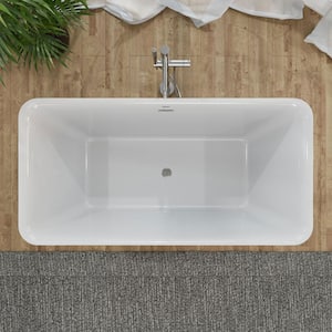 59 in. Acrylic Flatbottom Rectangular Freestanding Soaking Bathtub in White with Polished Chrome Overflow and Drain