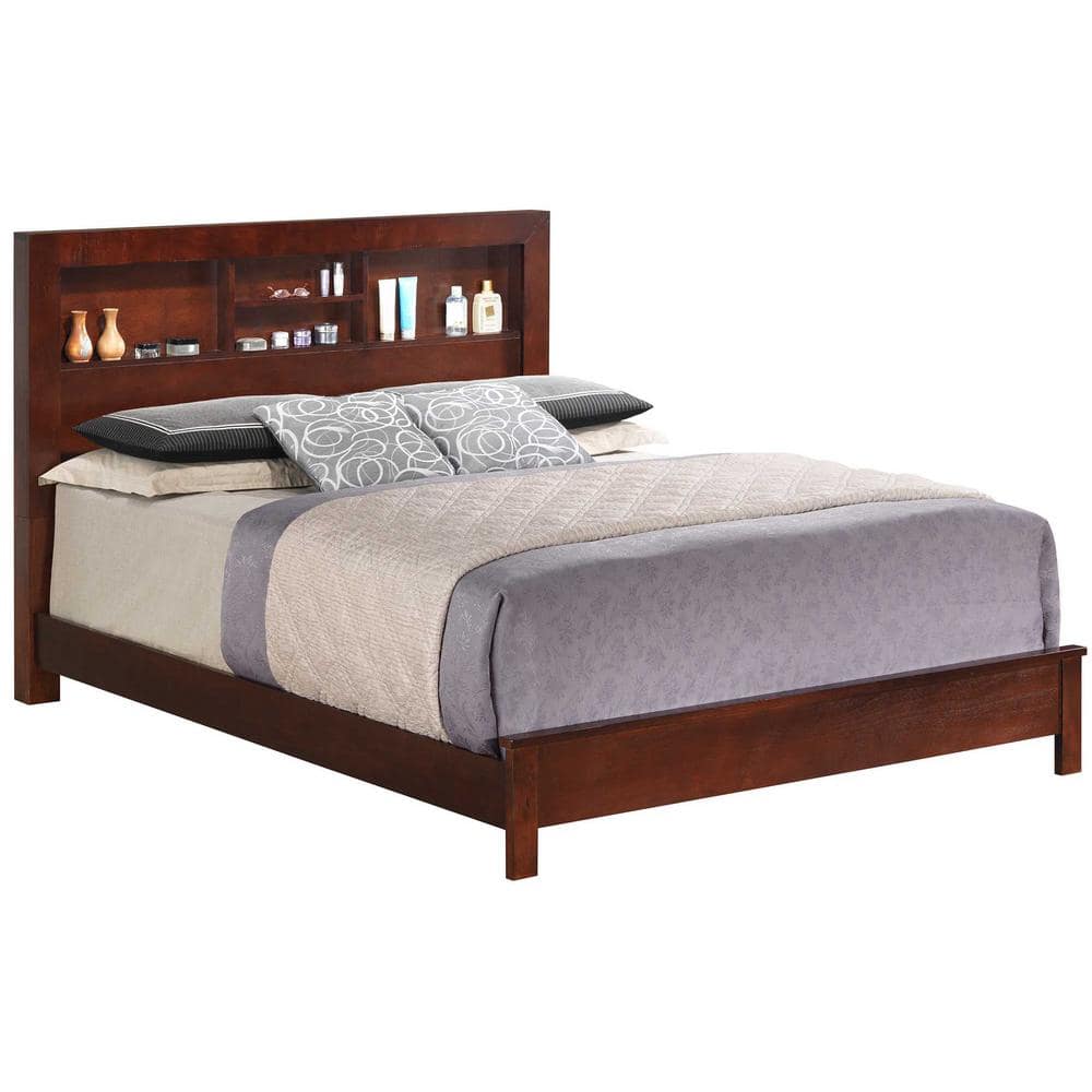 queen bed with headboard shelves