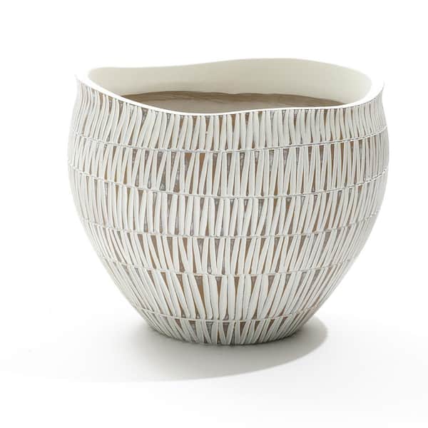 LuxenHome 12 in. W x 9.6 in. H White with Gold V-Pattern Polyresin Decorative Pot