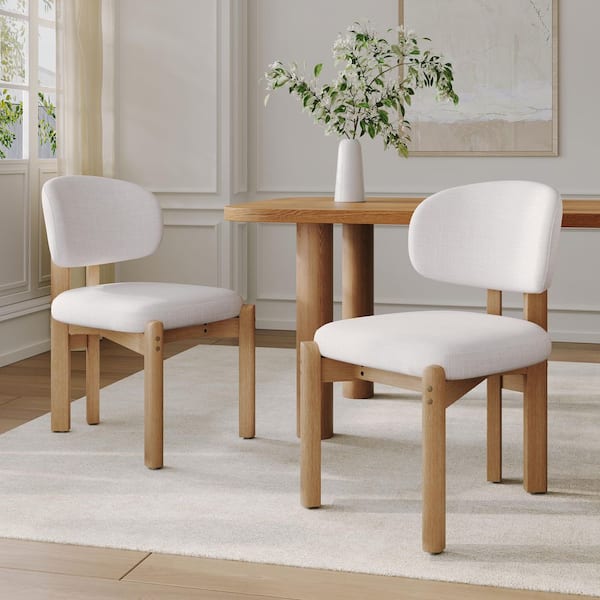 Beige Fabric Upholstered Scandinavian Natural Finished Frame Dining Chairs (Set of 2)