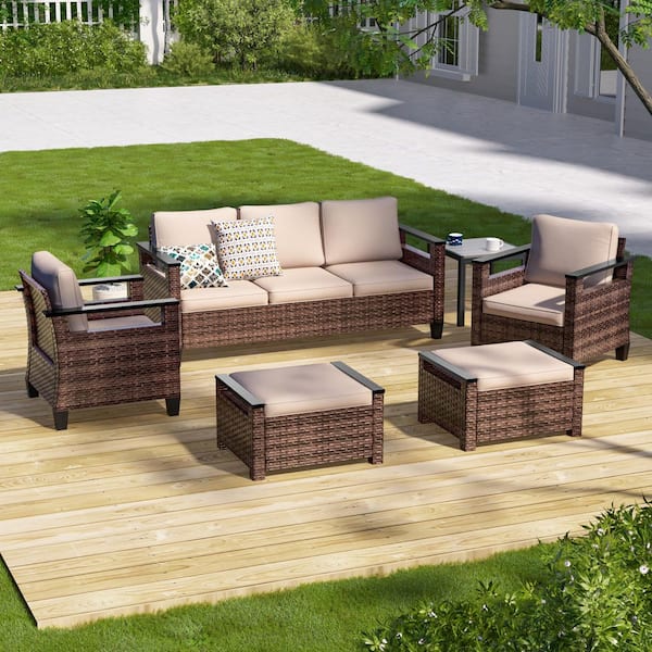 JOYESERY 6-Pieces Patio Conversation Set with Side Table Wide Armrests Sofa Brown PE Wicker with Sand Cushions