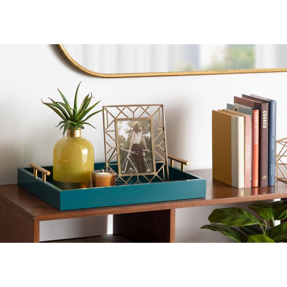 Teal Wood Tray with Brushed Gold Metal Handles