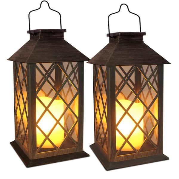 Angel Sar 14 in. Antique Copper Garden Hanging Solar Lantern, Waterproof LED Flickering Flameless Candle Lantern Lights (2-Pack)