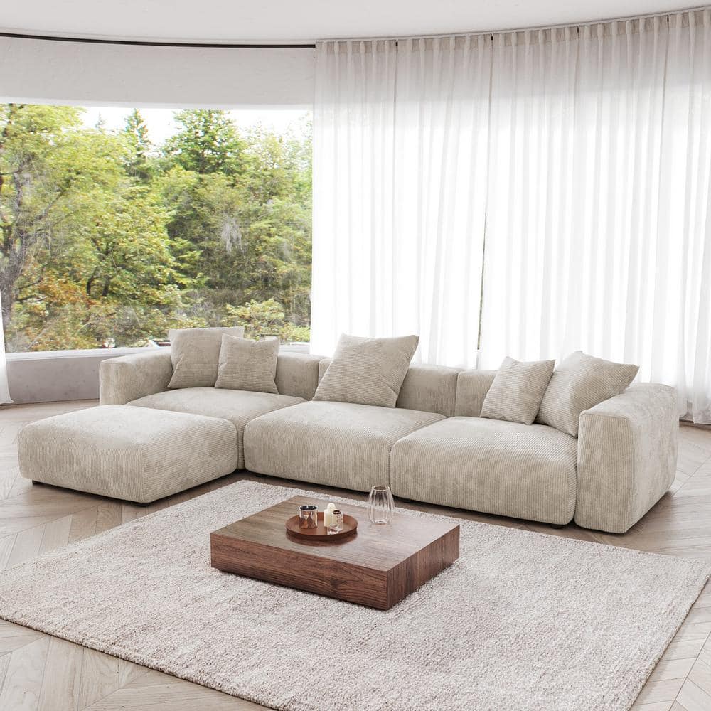 141.72 in. Square Arm Corduroy Velvet 4-Pieces Modular Free Combination Sectional Sofa with Ottoman in Beige