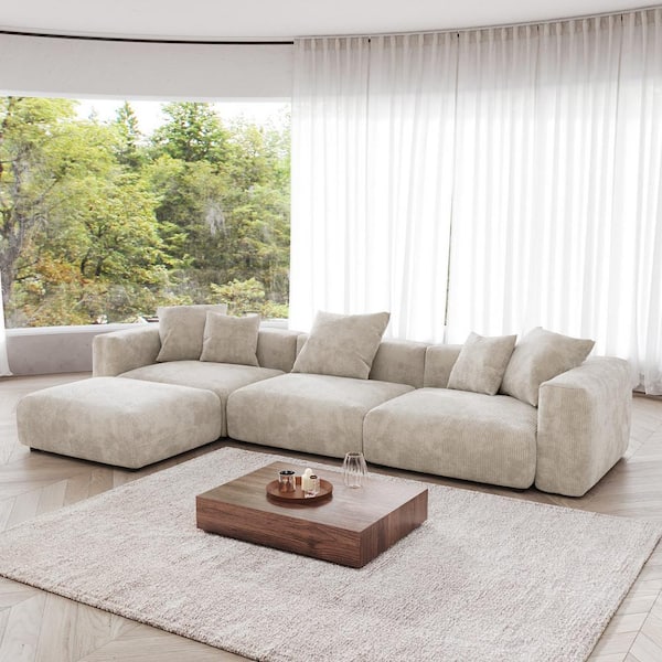 141.72 in. Square Arm Corduroy Velvet 4-Pieces Modular Free Combination Sectional Sofa with Ottoman in Beige