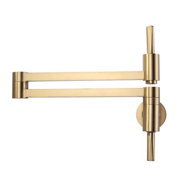 Brass Wall Mount Pot Filler with Double Vertical Handle, 2-Aerators and Swing Arms Kitchen Faucet in Gold