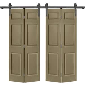 48 in. x 80 in. 6-Panel Olive Green Painted MDF Composite Double Bi-Fold Barn Door with Sliding Hardware Kit