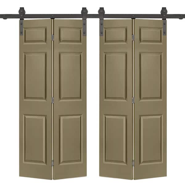CALHOME 48 in. x 84 in. 6-Panel Olive Green MDF Hollow Core Composite Double Bi-Fold Barn Doors with Sliding Hardware Kit