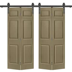 72 in. x 84 in. Hollow Core 6 Panel Olive Green Painted MDF Composite Double Bi-Fold Barn Door with Sliding Hardware Kit