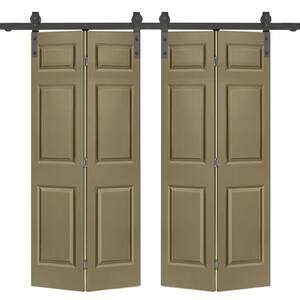 72 in. x 84 in. Hollow Core 6 Panel Olive Green Painted MDF Composite Double Bi-Fold Barn Door with Sliding Hardware Kit