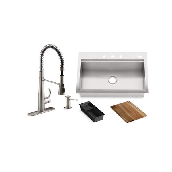 KOHLER Lyric Workstation 33 in. Dual Mount Stainless Steel Single Bowl Kitchen Sink with Simplice Semi Pro Kitchen Faucet
