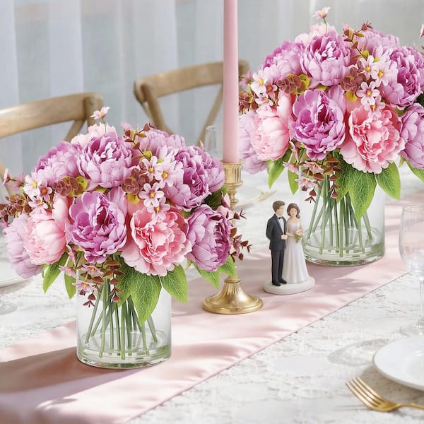 13.78 in. Pink and Purple Real Touch Artificial Peony Bouquet