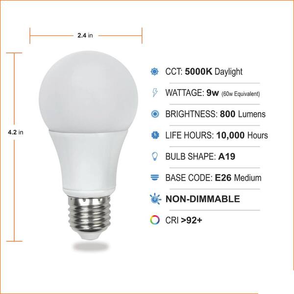 thumbnail image 2 of 4 Pack A19 LED Daylight Bulbs - 60W Equivalent, 5000K Bright White, Non-Dimmable 2 of 11