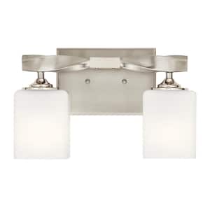 Marette 13.5 in. 2-Light Brushed Nickel Contemporary Bathroom Vanity Light with Satin Etched Cased Opal Glass