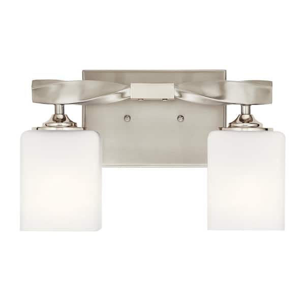 Marette 13.5 in. 2-Light Brushed Nickel Contemporary Bathroom Vanity Light with Satin Etched Cased Opal Glass