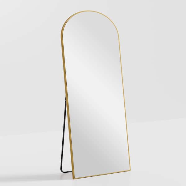 Unbranded Gold 31 in W x 71 in. H Right-angle Arched Wooden Framed Mirror full-length Mirror with stand