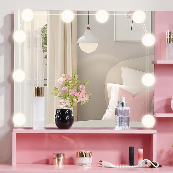 Karl home Pink Makeup Vanity Set with Mirror, Adjustable Lights