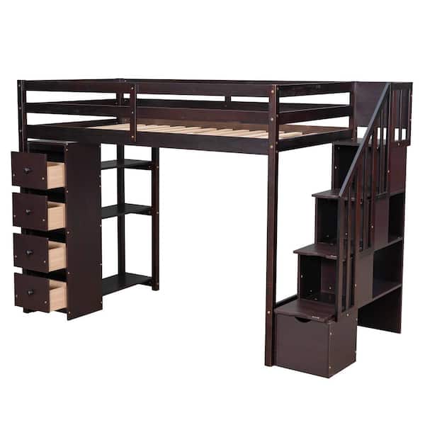 Polibi Twin size Loft Bed with Storage Drawers and Stairs, Wooden Loft Bed with Shelves-Espresso