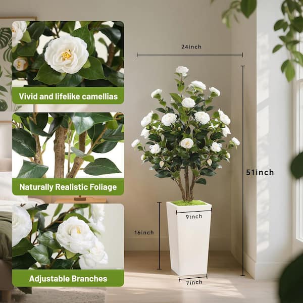 4 ft. Artificial Camellia Tree in White Planter with White Flower