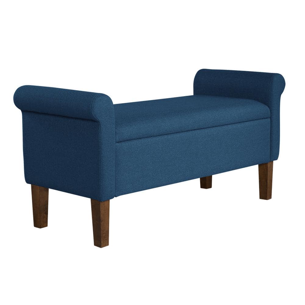 Aubrey Blue Upholstered Storage Bench with Walnut Wood Legs