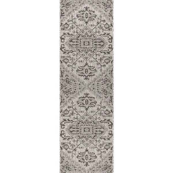 Black/Gray 2 ft. x 10 ft. Estrella Bohemian Medallion Textured Weave Indoor/Outdoor Runner Rug