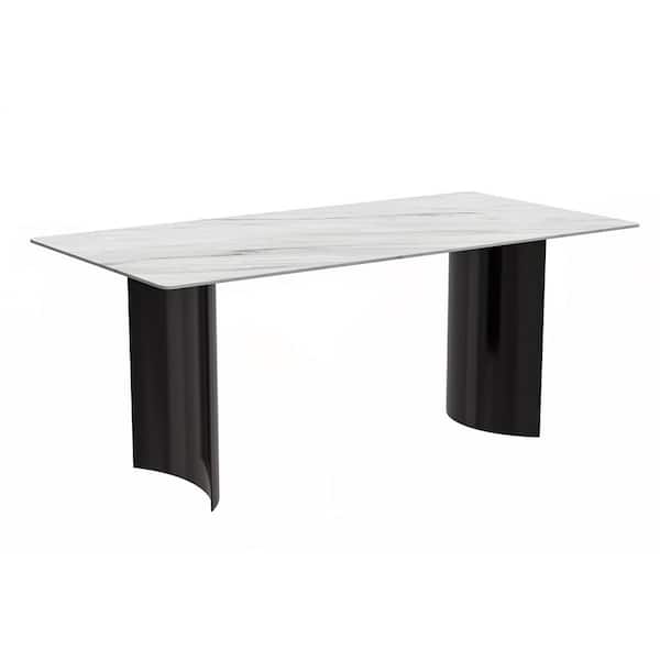 Leisuremod Zara Modern 71 in. Rectangular Dining Table with Sintered Stone Top and Curved Stainless Steel 4-Legs Seats 8 (White)