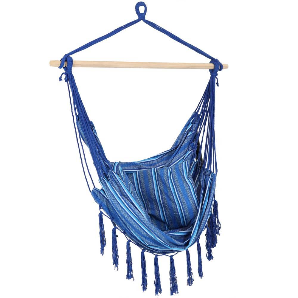 Blue Striped Polyester Hanging Hammock Chair with Cushions