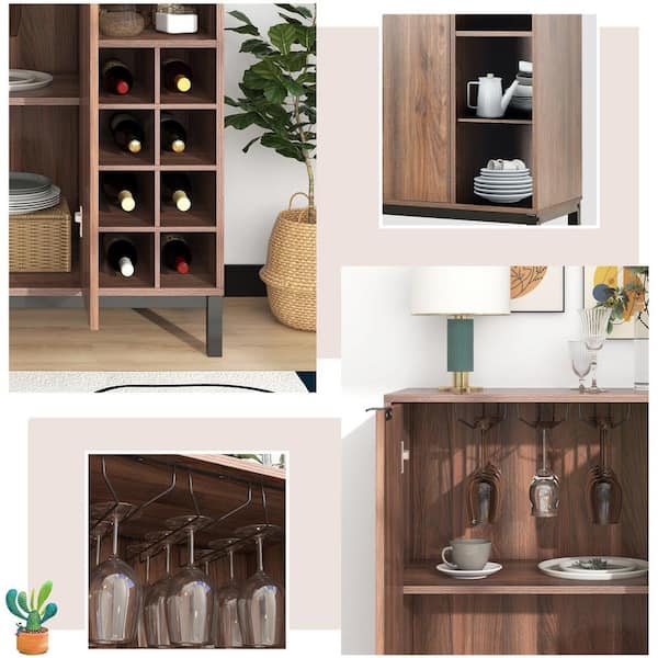 Dark Brown Kitchen Island Sideboards Buffets Coffee Bar Cabinet w/ Wine Racks (33.86 in. W x 14.17 in. D x 34.84 in. H)