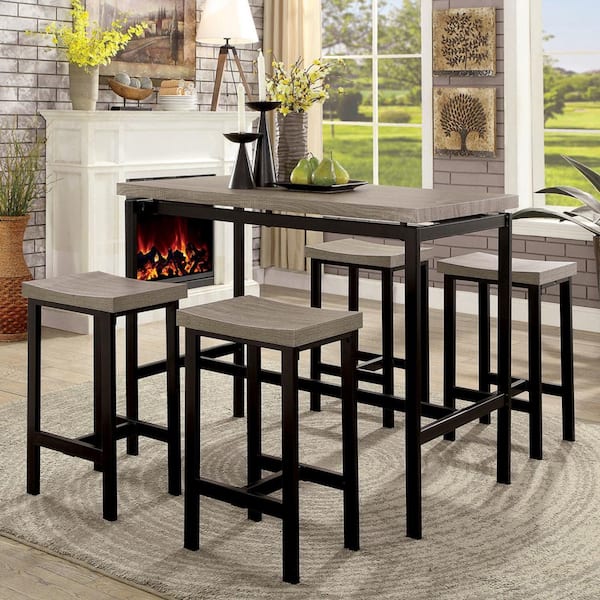 Benjara Natural Brown and Black 5-Piece Wooden Counter Height Table Set