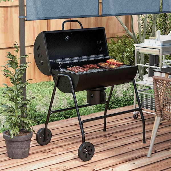 Outsunny Barrel Charcoal Barbecue BBQ Grill Trolley w Ash Catcher Thermometer