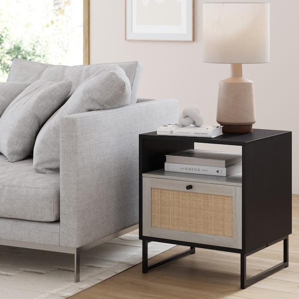 Nathan James Mina Black Oak/Black Accent Table with Rattan Storage Door Living Room End Table or Bedroom Nightstand