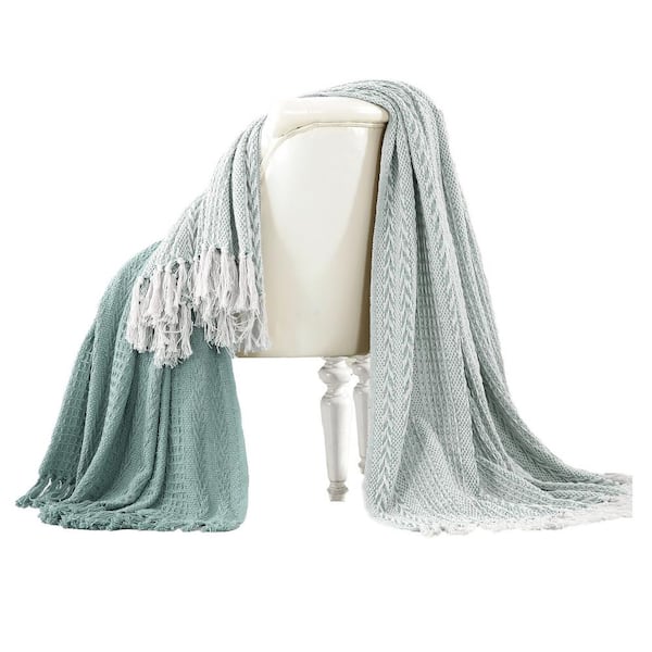 THE URBAN PORT Latina Aqua Blue Cotton Throw with Decorative Fringe (Set of 2)