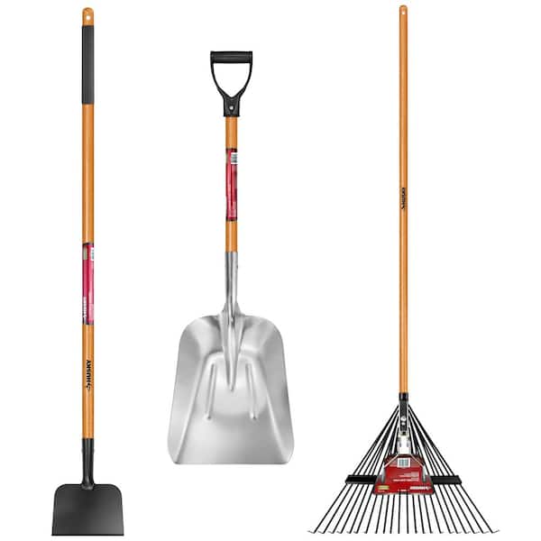 Husky 3-Piece Wood Handle Garden Tool Set (Ice Scraper, Aluminum Shovel and Leaf Rake)