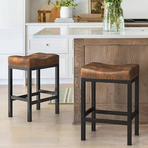 24 in. Whisky Brown Counter Height Saddle Bar Stool Faux Leather Cushion Backless Bar Stool with Metal Legs (Set of 2)