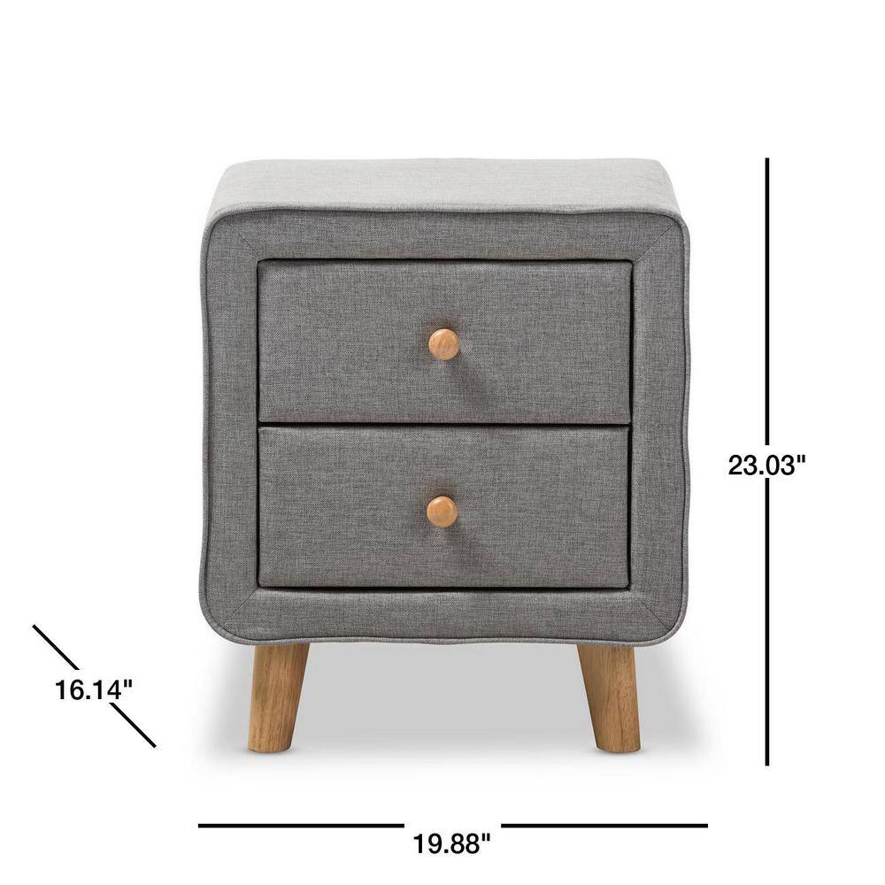 Jonesy Mid-Century Grey Fabric 2-Drawer Nightstand