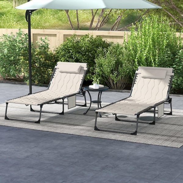 Sudzendf 2 of Pieces Khaki Folding Outdoor Chaise Lounge with 5-level Reclining Back, Padded Seat, Side Pocket and Headrest