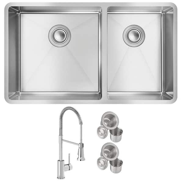 TopZero 18-Gauge Stainless Steel 32 in. Double Bowl Undermount Rimless Kitchen Sink with low-divider, Silver