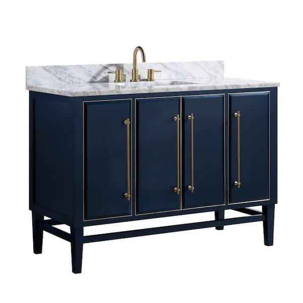 Mason 49 in. Single Sink Navy Blue with Gold Trim Bath Vanity with Carrara White Marble Top