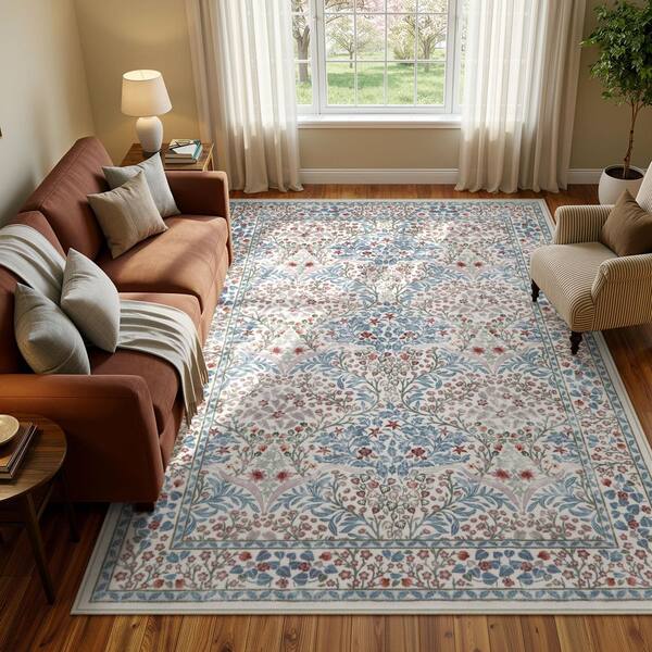 Boho Floral Botanical Washable Non Slip Beige 5 ft. x 7 ft. Area Rug